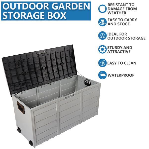 75-Gallon Outdoor Storage Box with Wheels – Black & Grey, Weather-Resistant