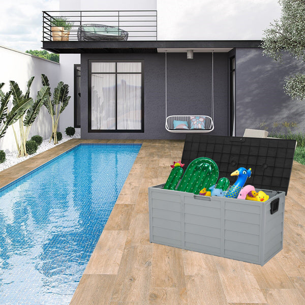 75-Gallon Outdoor Storage Box with Wheels – Black & Grey, Weather-Resistant