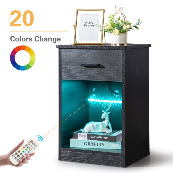 Single-Drawer Bedside Table with LED Light & Charging Station – Black