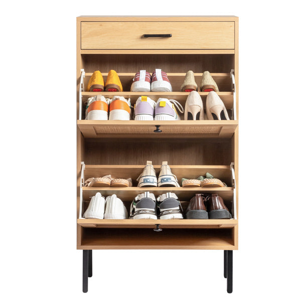 Rattan Shoe Cabinet with 2 Storage Bins, Drawer & Iron Legs – Natural & Black