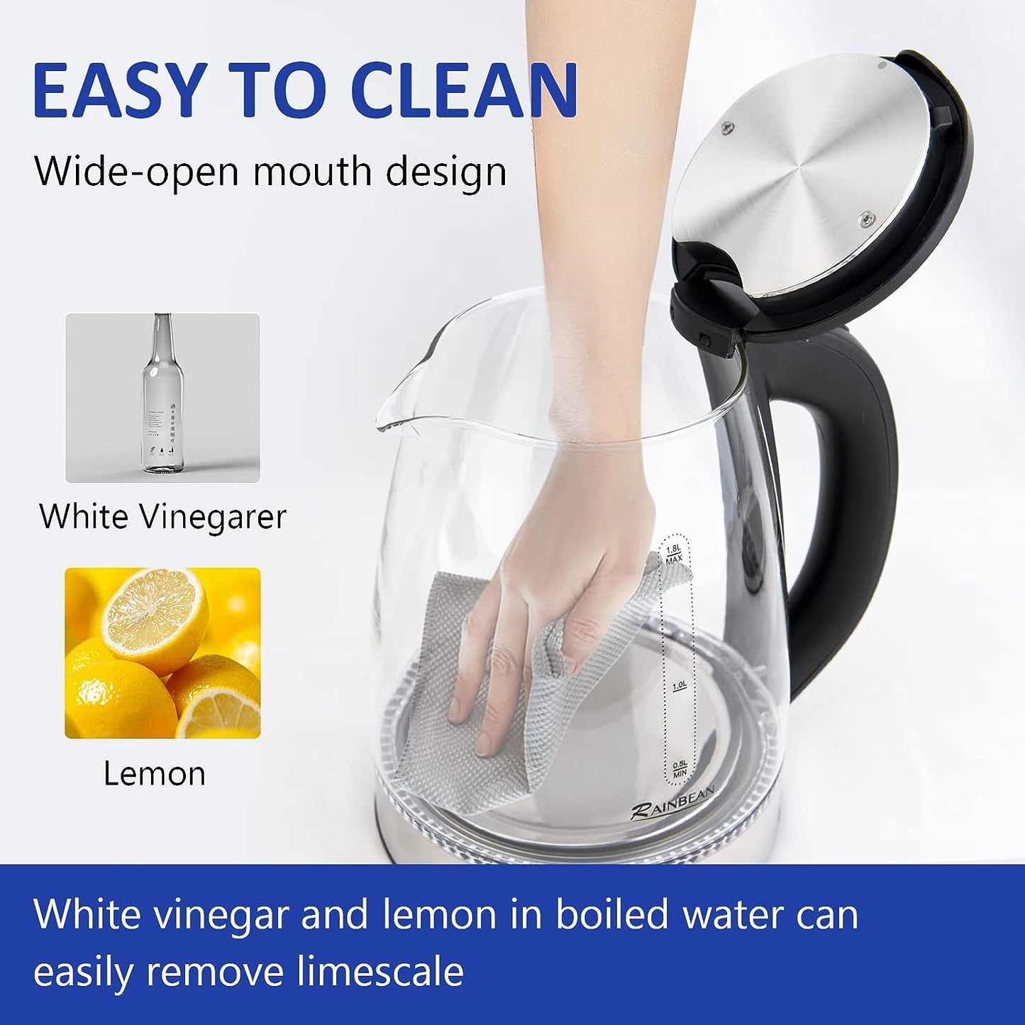 Electric Stainless Steel Glass Kettle Auto Shut-off 1.8L