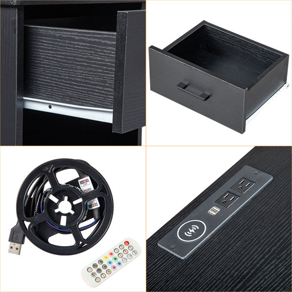 Single-Drawer Bedside Table with LED Light & Charging Station – Black
