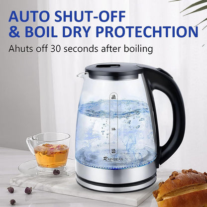 Electric Stainless Steel Glass Kettle Auto Shut-off 1.8L