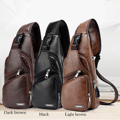 PU Leather USB Charging Chest Crossbody Bag