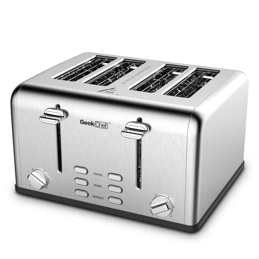 Stainless Steel Wide Slot 4 Slice Toaster Dual Control Panels
