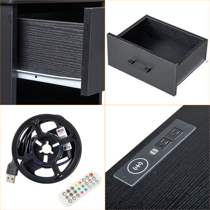 3-Drawer LED Bedside Table with USB Ports & Wireless Charging – Black