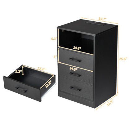 3-Drawer LED Bedside Table with USB Ports & Wireless Charging – Black