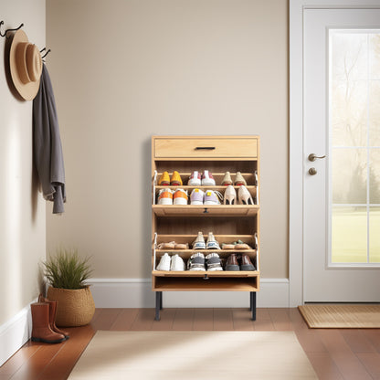 Rattan Shoe Cabinet with 2 Storage Bins, Drawer & Iron Legs – Natural & Black