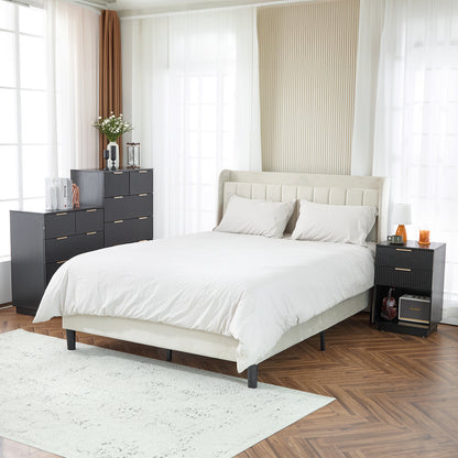 Black 2-Drawer Bedside Cabinet – Wave Pattern Design, Compact Storage