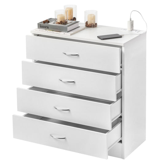 4-Drawer Bedside Table with USB Ports & Power Outlets – White