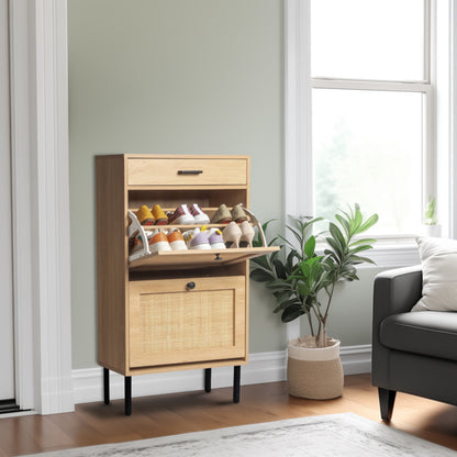 Rattan Shoe Cabinet with 2 Storage Bins, Drawer & Iron Legs – Natural & Black