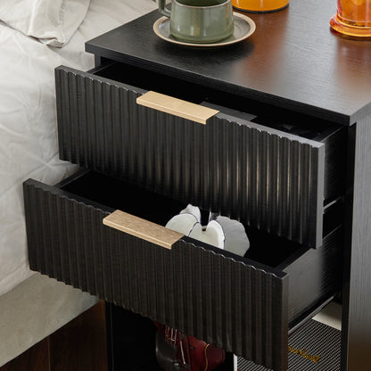 Black 2-Drawer Bedside Cabinet – Wave Pattern Design, Compact Storage
