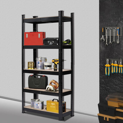 5-Tier Black Metal Storage Rack – Heavy-Duty Shelving with MDF Boards