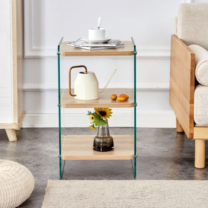 3-Tier Bedside Cabinet with Glass Panels & MDF Wood Finish