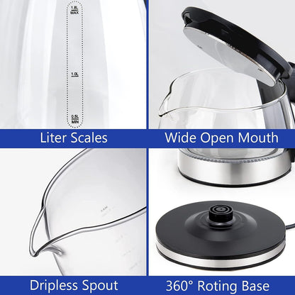 Electric Stainless Steel Glass Kettle Auto Shut-off 1.8L