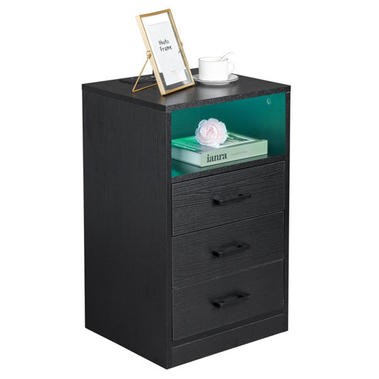 3-Drawer LED Bedside Table with USB Ports & Wireless Charging – Black