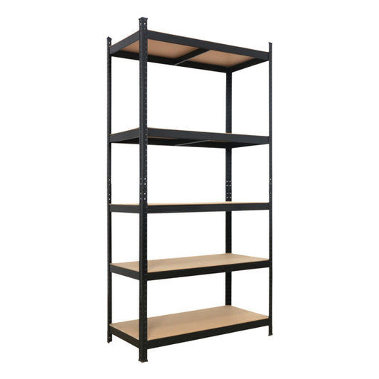 5-Tier Black Metal Storage Rack – Heavy-Duty Shelving with MDF Boards