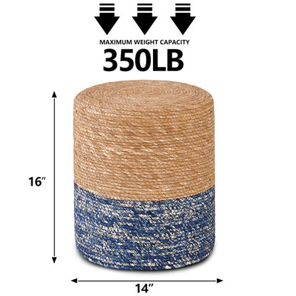 Handwoven Cattail Footstool – Natural & Blue, Sturdy Wooden Frame