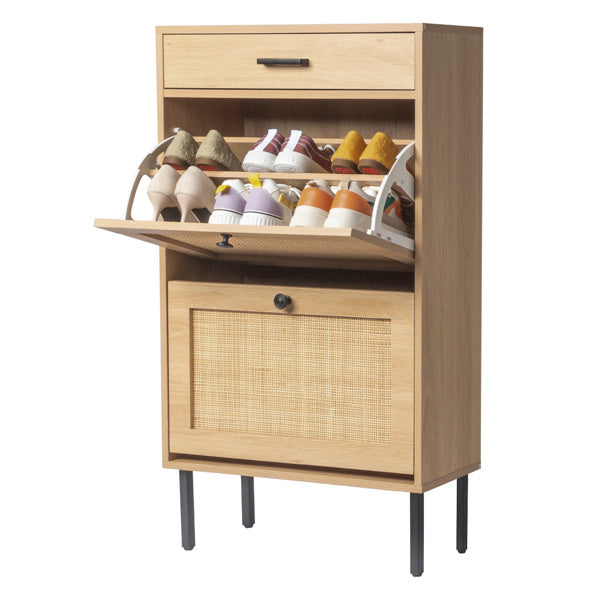 Rattan Shoe Cabinet with 2 Storage Bins, Drawer & Iron Legs – Natural & Black