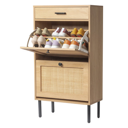 Rattan Shoe Cabinet with 2 Storage Bins, Drawer & Iron Legs – Natural & Black