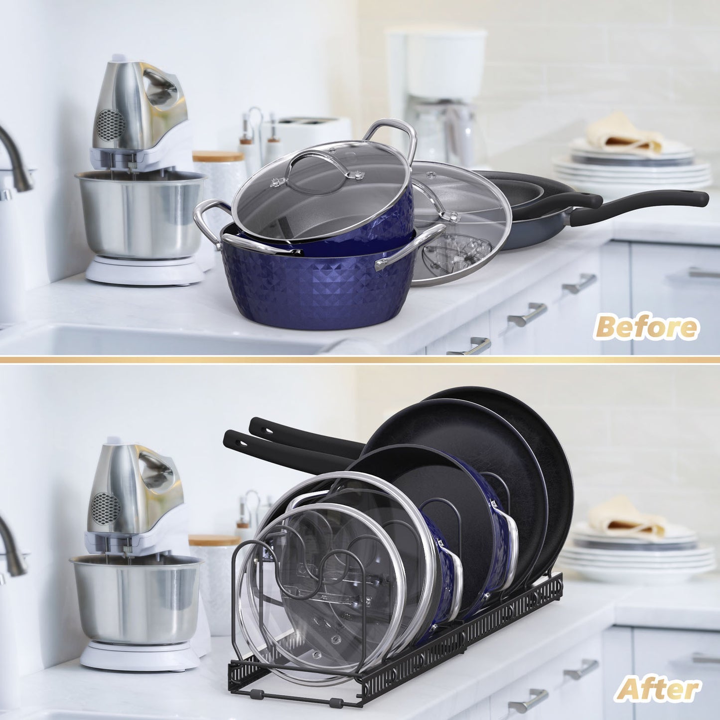 Adjustable Pots & Pans Lids Organizer Rack Dividers